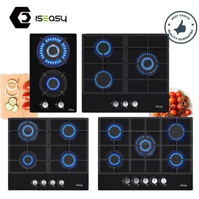 IsEasy Gas Cooktop Stove Tempered Glass Cooker Built-in LPG/NG Gas Cooker Black