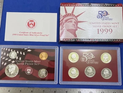 1999-S US Mint Silver Proof Set OGP COA & Box 9 Coins 90% United States - Image 1 of 4