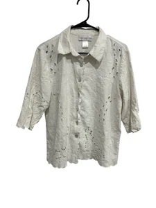 Susan Graver Embroidered Button Up Shirt Sz Large Laser Cutout Linen Bohemian - Picture 1 of 9