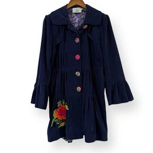 Judith March Pea Coat Womens L Navy Blue Floral Embroidered Bell Sleeves Boho - Picture 1 of 14