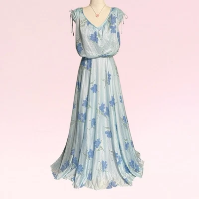 Maxi Vestido Vintage Años 70 Cottagecore Hada Boho Romántico Gasa Azul Floral S Foto 1 de 4