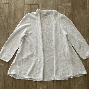 EILEEN FISHER Cardigan White Open Front Organic Cotton Linen Ribbed Collar MED - Picture 1 of 8