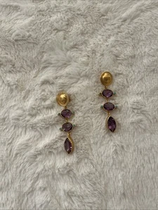 Goldtone Amethyst Dangle Earrings 2.5” Stunning - Picture 1 of 4