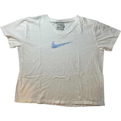 Nike Women’s V Neck T Shirt Silver Tag Medium White Center Swoosh Y2K - Изображение 1 из 4