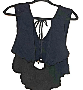 Free People Top Womens XL Black Boho Tie Back Beaded Sleeveless Layered Ruffle - Picture 1 of 6