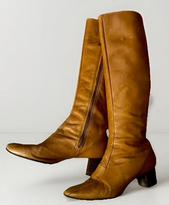 Botas altas vintage Selby Geneva de cuero coñac tacón apilado cremallera años 70 retro 6,5 M Foto 1 de 4