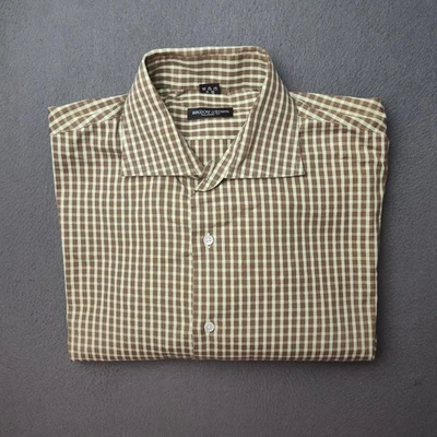 Bergdorf Goodman Shirt Mens Large Brown White Plaid Tailored Fit Italy Cotton - Image 1 of 4