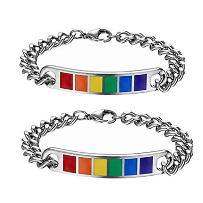 Brazalete Cadena Orgullo LGBT Gay Lesbianas Caucho Arco Iris Acero Inoxidable 2 Piezas 8" Foto 1 de 4
