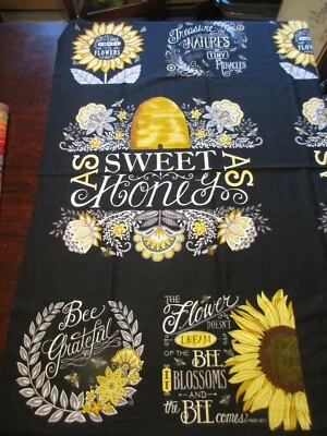 100% Cotton Fabric Panel on Black Honey Bee Grateful Moda Approx 22" x Width   - Image 1 of 4