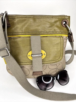 :FOSSIL Key-PerTan Quilted w/Green & Yellow Trim Crossbody Canvas Strap - Image 1 of 4