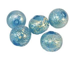 5 Vintage Venetian Murano Art Glass Ball Beads Lt Blue 24K Gold Foil 18mm - Picture 1 of 5