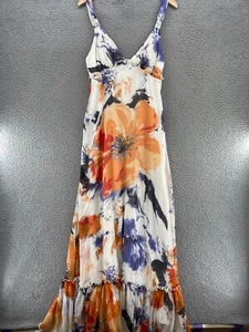BCBGeneration Dress Womens 10 White Multi Floral A Line Maxi Ruffle V Neck Gauzy - Picture 1 of 11