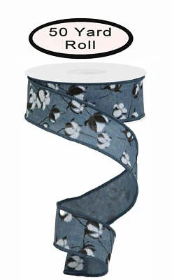 Cinta de flores de algodón, flores blancas en azul demin, cinta con cable, 1,5" de ancho x 50 años Foto 1 de 2