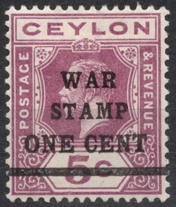 SG335 Sn:#MR4b 1918 1c CEYLON War Stamp  King George V , LH - Picture 1 of 2