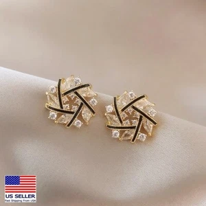 Women 925 Sterling Silver Jewelry Earrings Flowers Rotate Line Crystal Stud 0431 - Picture 1 of 5