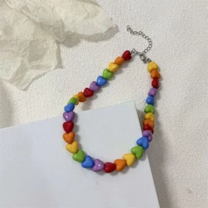 Pride Rainbow Necklace Colorful Heart Beaded Necklace Pride Month - Picture 1 of 12