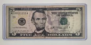 RARE $5 Bill Serial Number MI 00111111 A Series 2013 Extremely Cool TRUE BINARY - Picture 1 of 8