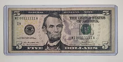 RARE $5 Bill Serial Number MI 00111111 A Series 2013 Extremely Cool TRUE BINARY - Image 1 of 4