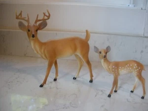 2 Vintage  Christmas Hard Plastic Deer Figurines Buck  & Fawn  7 1/4" NICE - Picture 1 of 12