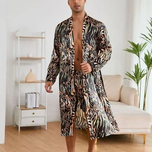 Men's Long Sleeve Satin Pajamas Set Robe Sleep Shorts 2 Piece Silk Luxury Pjs - Picture 1 of 7