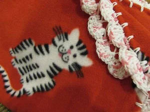 Handmade Red Fleece w Black and White Kitty Cats Girl Baby Blanket w Pink Shell - Picture 1 of 8