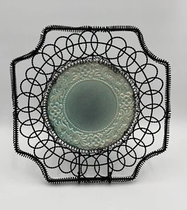 Wired Basket French Victorian Majolica Style Ceramic Plate - Teal Blue Wall Art - Picture 1 of 11