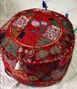 Patchwork Round Foot Stool New Indian Cotton Vintage Ottoman Pouf Cover Handmade - Picture 1 of 4