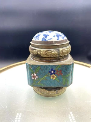 Vintage Chinese Brass And Enamel 3.5” Tea Caddy  - Image 1 of 4