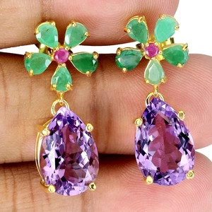 925 Sterling Silver Earrings Pear Amethyst 15x10mm Emerald Ruby Gemstone Jewelry - Picture 1 of 13