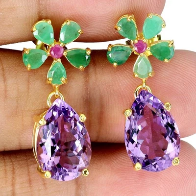 925 Sterling Silver Earrings Pear Amethyst 15x10mm Emerald Ruby Gemstone Jewelry - Image 1 of 4
