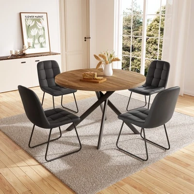 JIEXI 45.3"Dining Round Table Set,Walnut Table with Metal Legs & 4 PU Chairs - Image 1 of 4