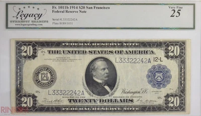 1914 $20 Fr. 1011b San Francisco Federal Reserve Note LCG VF-25 - Image 1 of 3