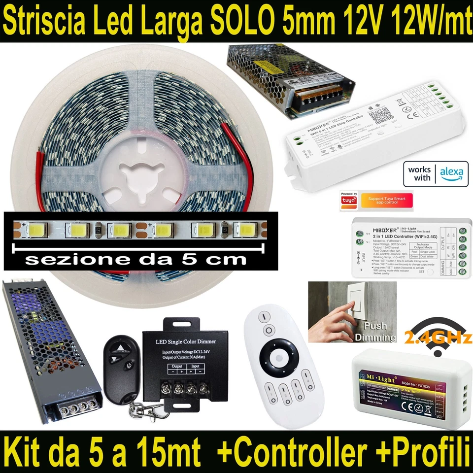 STRISCE LED Larghe 5mm BIANCHE 12V. Anche KIT DA 5-10-15MT. Striscia Led 12 Volt - Immagine 1 di 1