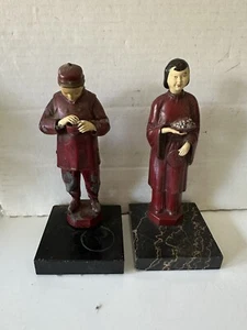 Antique Art Deco Chinese Man Woman Fruit Noodle Bowls Bookends J B Hirsch - Picture 1 of 10
