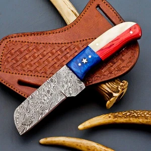 Custom Handmade Damascus Steel EDC Bull Cutter Knife Texas Flag Handle W/ Sheath - Picture 1 of 6