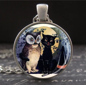 Vintage Halloween Postkarte Kunst Eule & schwarze Katze Hexen Hut Vollmond Halskette - Bild 1 von 3