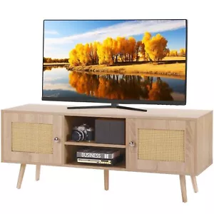 Rattan TV Stand TV Console w/ Adjustable Shelfs for 55 in TV Mid Century Modern - Picture 1 of 11