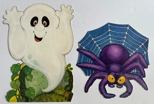 Vintage Halloween Cute Cardboard Die Cut Decor Lot of 2 Ghost Spider Web - Picture 1 of 5