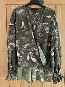 All Saints Top Blouse, Green Penny Peggy Print Mock Wrap Drape 16 - Picture 1 of 9