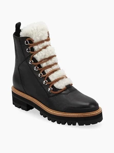 NIB Marc Fisher LTD IZZIE Black Leather Genuine Shearling Lugsole Boots SIZE 6M - Picture 1 of 8