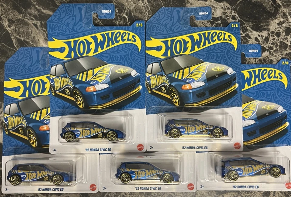 Lot of (5) Hot Wheels - 58th Anniversary '92 HONDA CIVIC EG Blue and Gold - Image 1 of 1