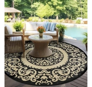 Round Outdoor Rug 180cm Waterproof Patio Mat, Reversible Plastic Straw Weave - Picture 1 of 9