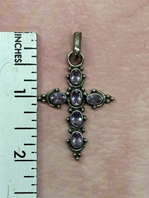 Pingente cruz vintage prata esterlina 925 pedra preciosa ametista facetada - Imagem 1 de 4