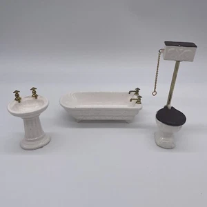 Vintage Dollhouse Miniatures Porcelain Bathroom Sink Toilet Tub Gold Fixtures - Picture 1 of 14