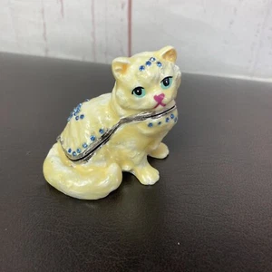 Hinged Trinket Box Yellow Cat Kitty Blue Rhinestones 2.5” Metal Painted Enamel - Picture 1 of 8