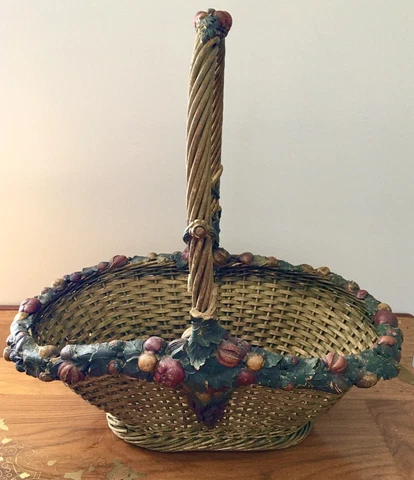 RARE VTG BARBOLA Victorian Handmade Basket w’ Grapes, Fruit, Nut & Ivy. 21x24 Cover