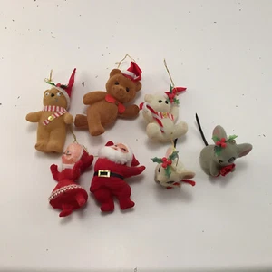 Lot 7 VTG Flocked Christmas Ornaments Mr Mrs Santa Mice Teddy Bears - Picture 1 of 7