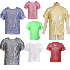 Boys Girls Shiny Metallic Top Kid Dance Jazz Blouse Athletic T-shirt Dancewear - Picture 1 of 51