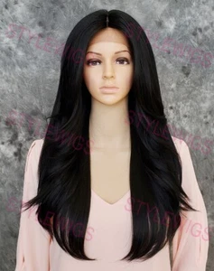 Jet Black Long Layered Straight Heat OK Lace Front Human Hair Blend Wig EVFL 1 - Picture 1 of 10
