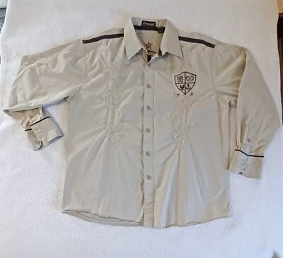 Knockout Mens 2X Tan Brown Floral Dragon Stars Embroidered Long Sleeve Shirt  - Image 1 of 4